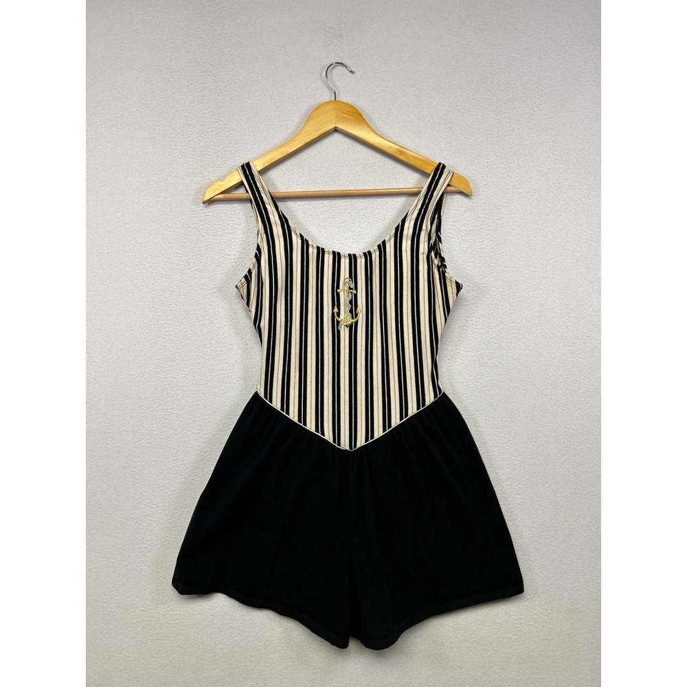 Vintage Nautical Sailor Tahiti Women 13/14 Black White Striped Anchor Romper